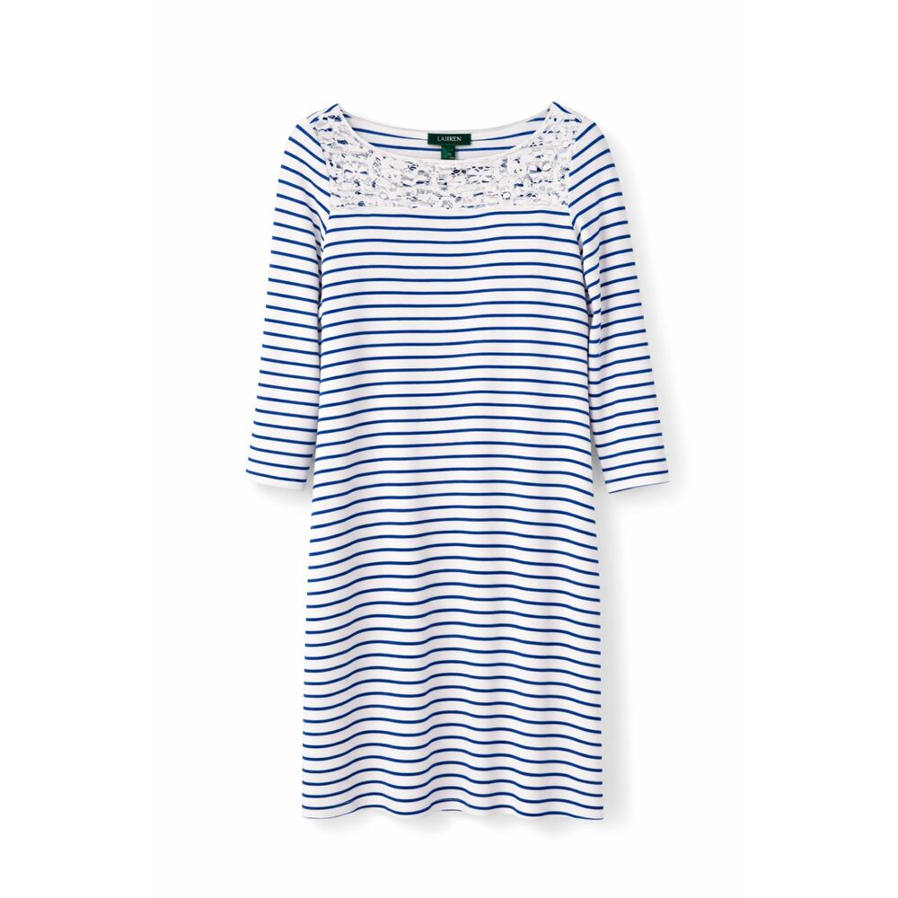 Lauren Ralph L Striped Dress L Blue White Nautical Lace 3/4 Sleeve Midi Coastal‎
